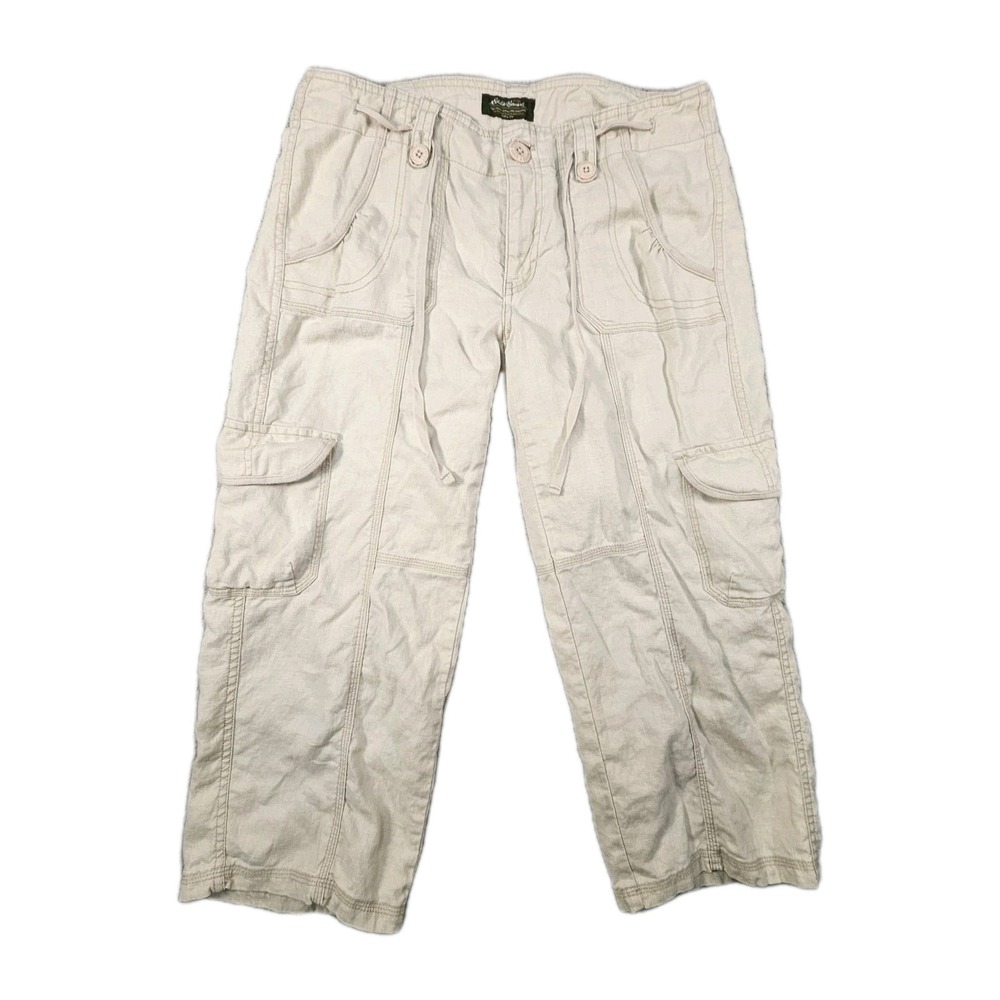 Eddie Bauer Cargo Crop Pants Women 8 Beige 100% Linen Drawstring Gorp‎ Utility